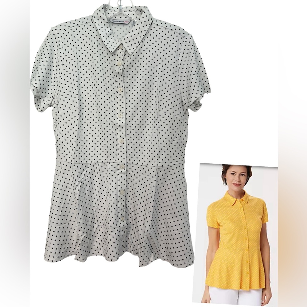 *Isaac Mizrahi Polka Dot Knit Button Front Peplum Top MEDIUM ~ A352549 White